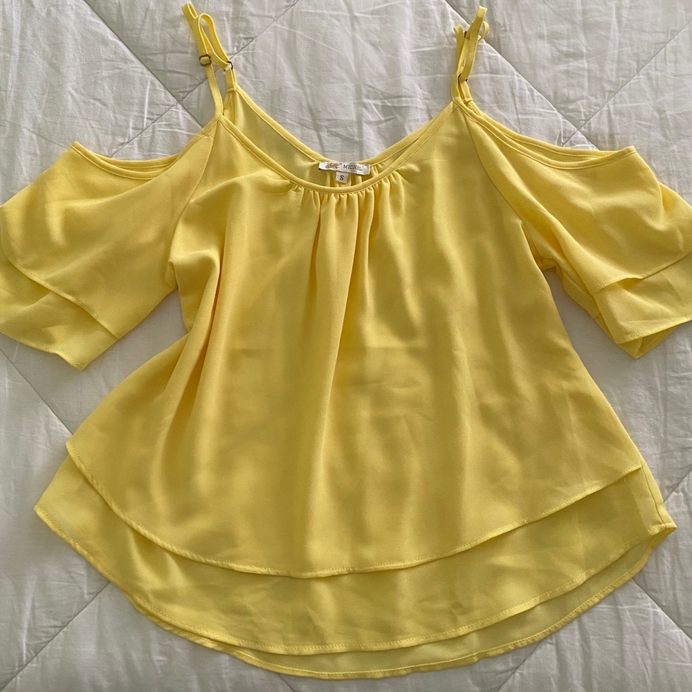 Michel S Yellow Layered Chiffon Cold-Shoulder Off-the-shoulder